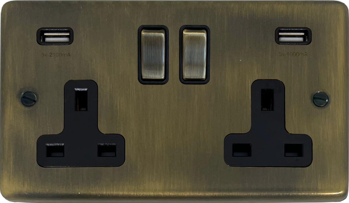 Contour Antique Brass 2 Gang Socket with USB (Brass Switches)