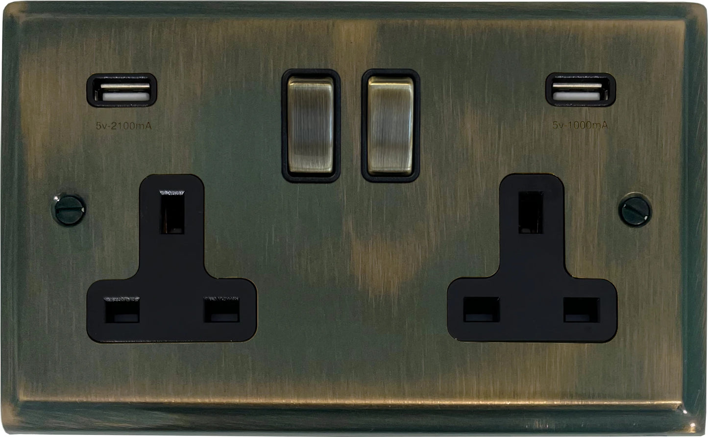 Deco Antique Brass 2 Gang USB Socket (Brass Switch)