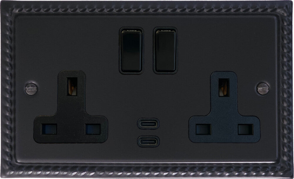 Georgian Flat Black 2 Gang Socket with USBC