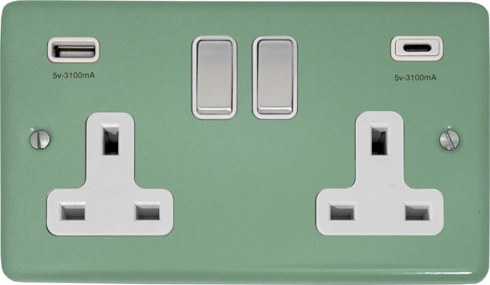 Classic Sage Green Classic 2 Gang Socket with USBC (Satin Chrome Switch/White Insert)