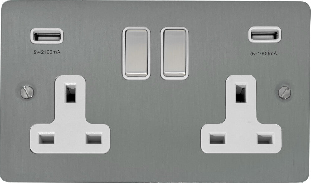 Flat Brushed Steel 2 Gang Usb Socket