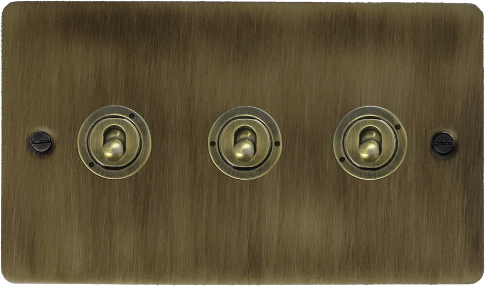 Flat Antique Brass 3 Gang Toggle Switch