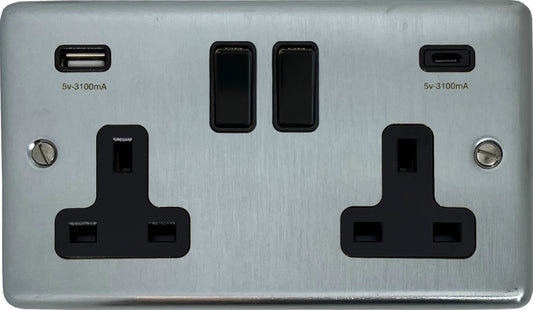 Contour Satin Chrome  2 Gang Socket with USBC