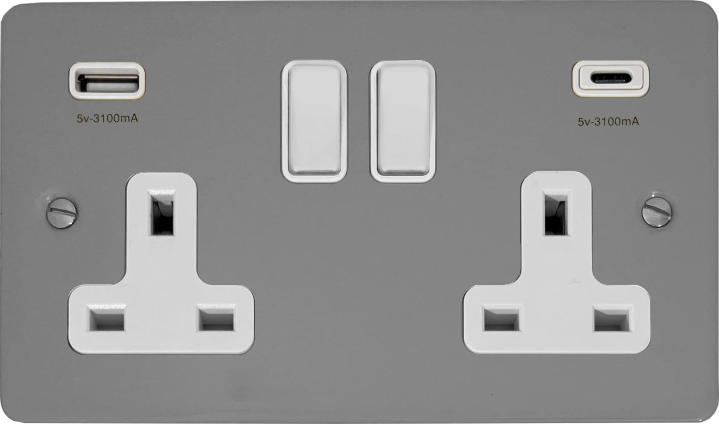 Flat Light Grey 2 Gang Socket C/W USBC Ports