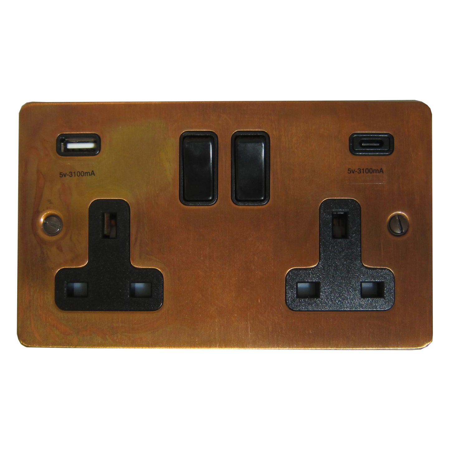 Flat Tarnished Copper 2 Gang Socket with USBC