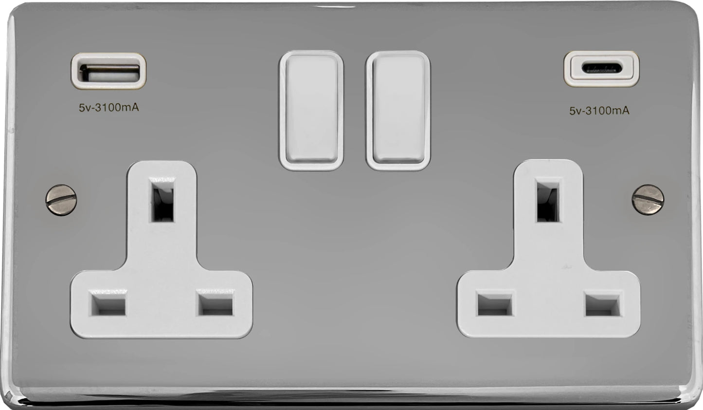 Contour Polished Chrome 2 Gang Socket + USBC