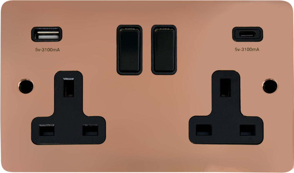 Flat Bright Copper 2 Gang Socket with USBC
