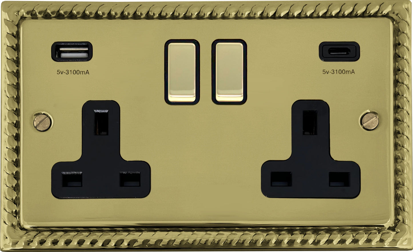 Georgian Polished Brass 2 Gang Socket C/W USBC Ports