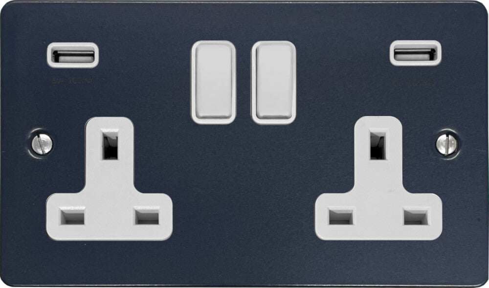 Flat Blue 2 Gang Socket with USB (White Switches)