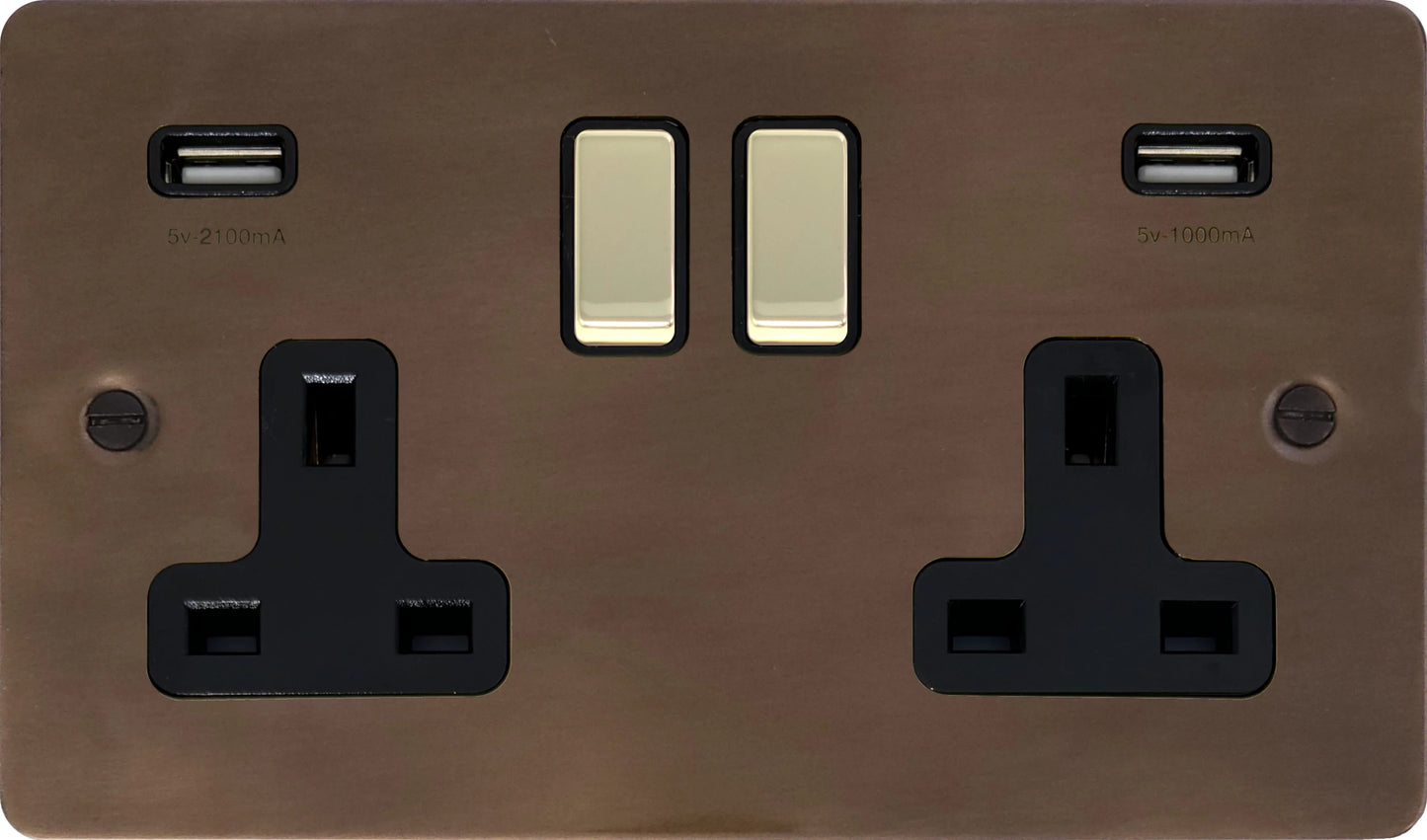 Flat Medium Bronze 2 Gang Socket C/W Usb Ports