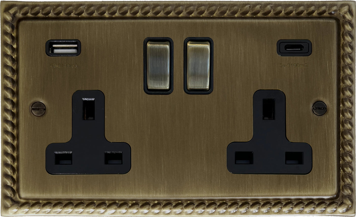 Georgian Antique Brass 2 Gang USBC Socket (Brass Switches)