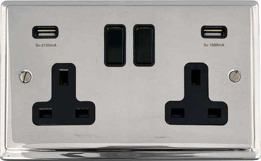 Deco  Polished Chrome  2 Gang Socket with USB