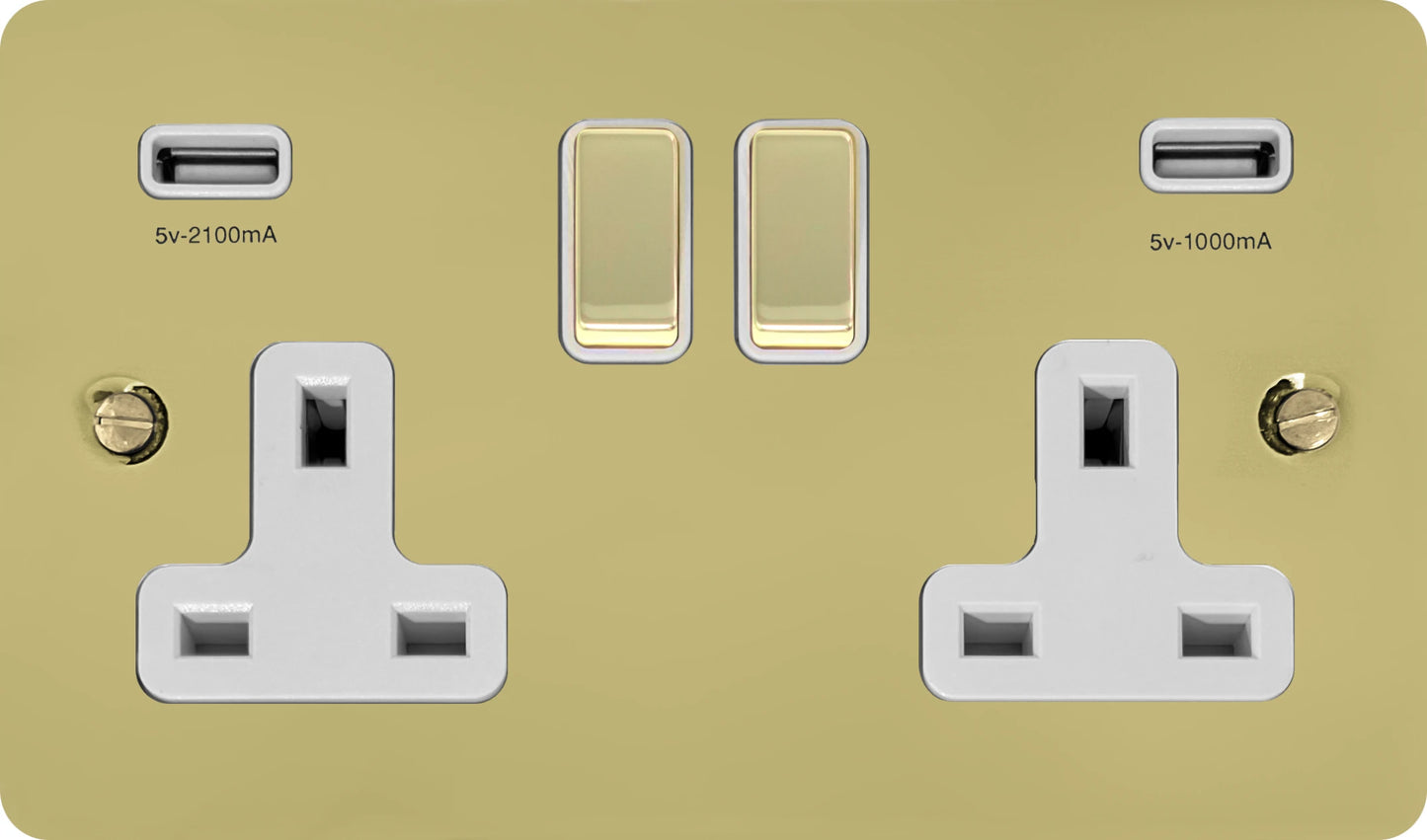 Flat Polished Brass 2 Gang Socket C/W Usb Ports