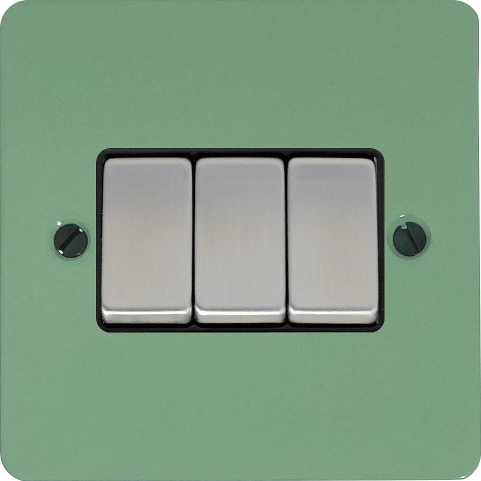 Flat Sage Green 3 Gang Switch (Satin Chrome Switches/Black Inserts)