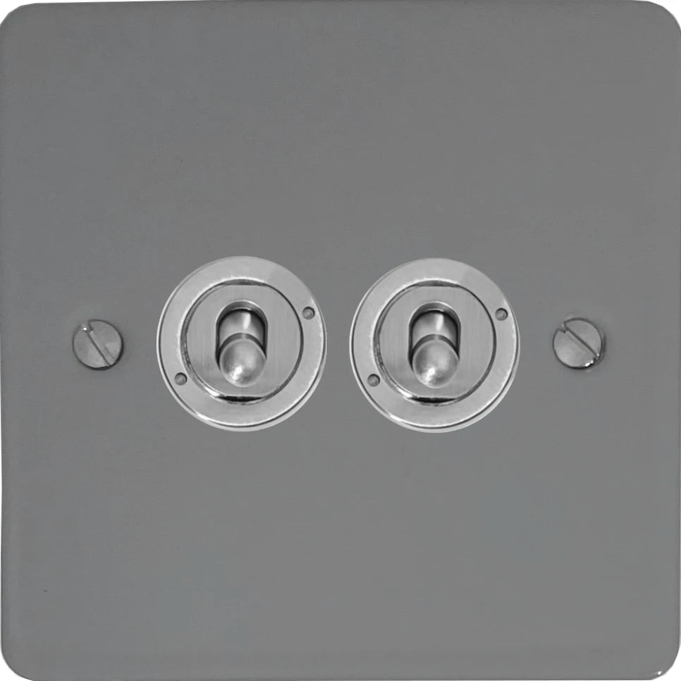 Flat Light Grey 2 Gang Toggle (Brushed Steel Toggle)