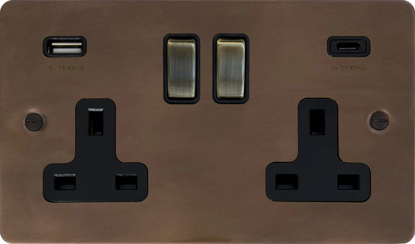 Flat Medium Bronze 2 Gang Socket C/W USB-C