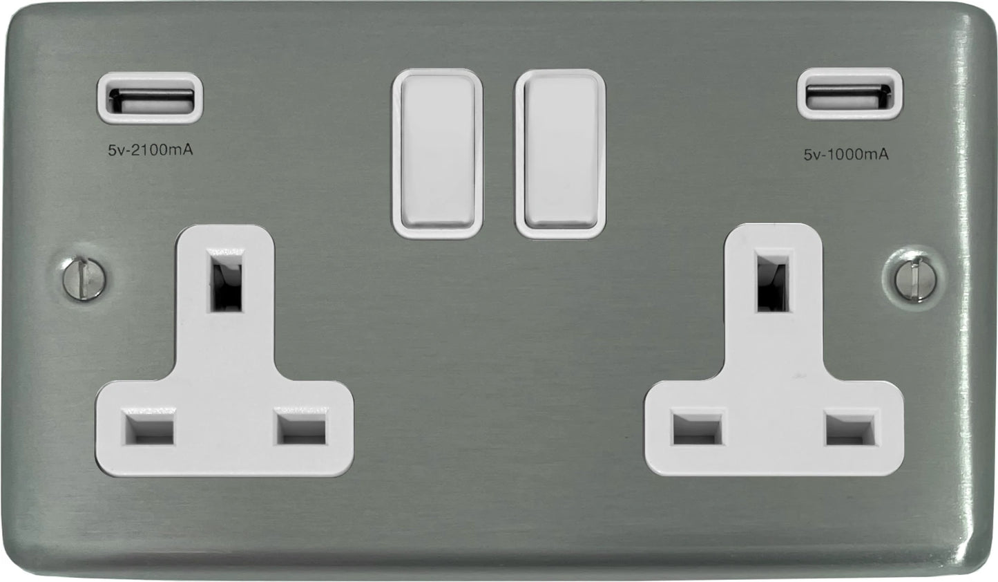 Contour Brushed Steel 2 Gang Socket + Usb