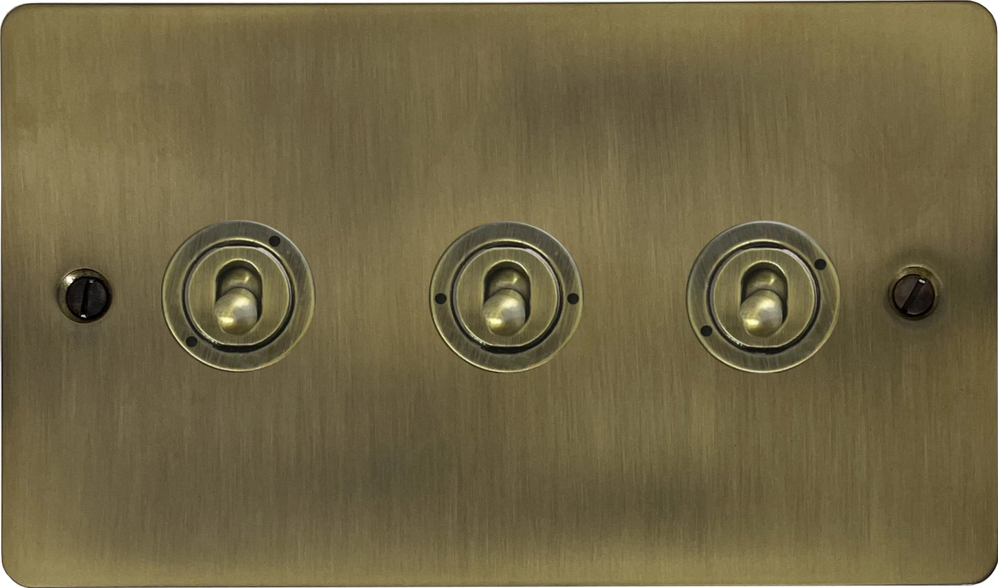 Flat Light Antique Brass 3 Gang Toggle Switch