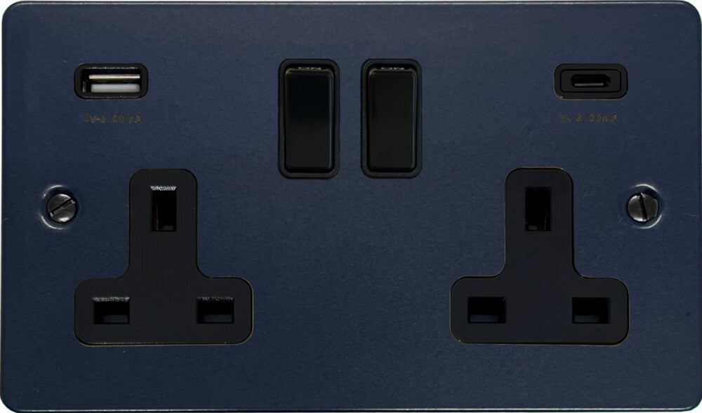 Flat Blue 2 Gang Socket with USBC (Black Switches)