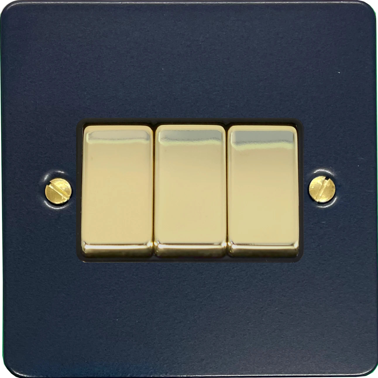 Flat Blue 3 Gang Switch (Polished Brass Switches/Black Inserts)