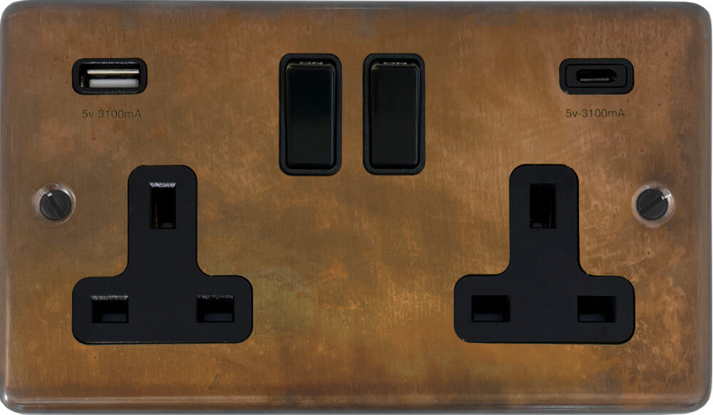 Contour Tarnished Copper 2 Gang Socket with USBC