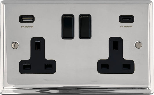 Deco  Polished Chrome  2 Gang Socket with USBC
