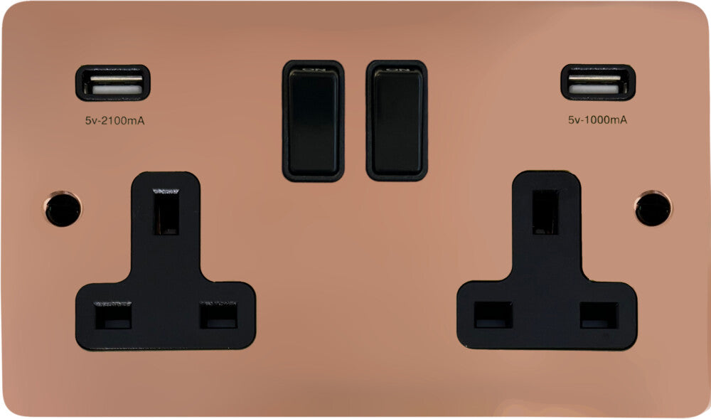 Flat Bright Copper 2 Gang Socket with USB