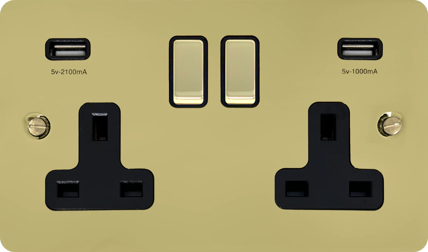 Flat Polished Brass 2 Gang Socket with USB