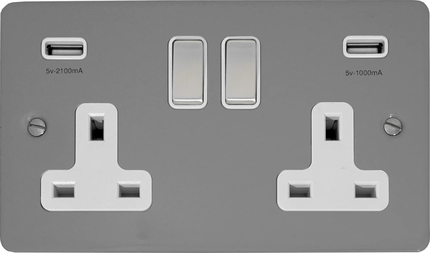 Flat Light Grey 2 Gang Socket C/W Usb Ports