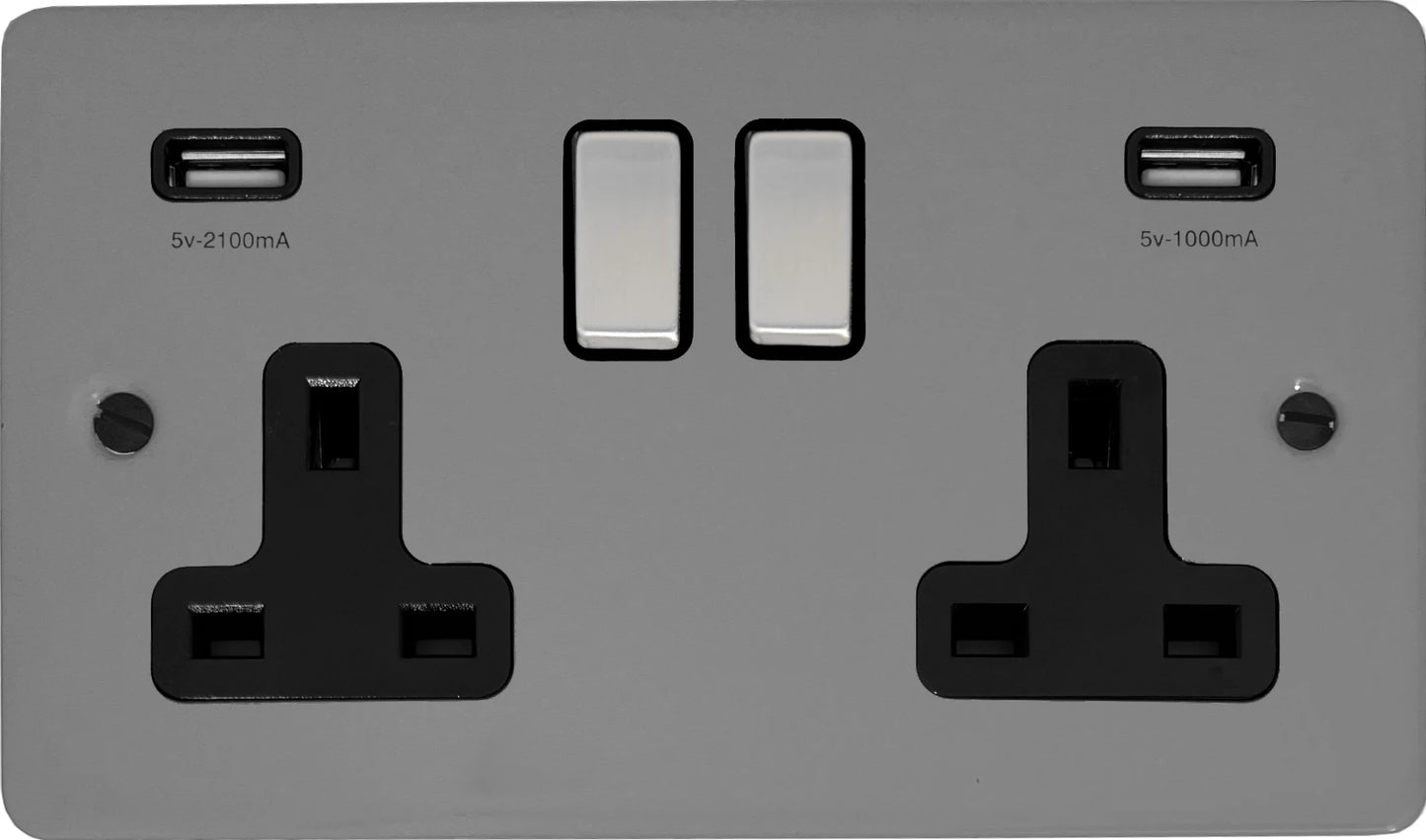 Flat Light Grey 2 Gang Socket C/W Usb Ports