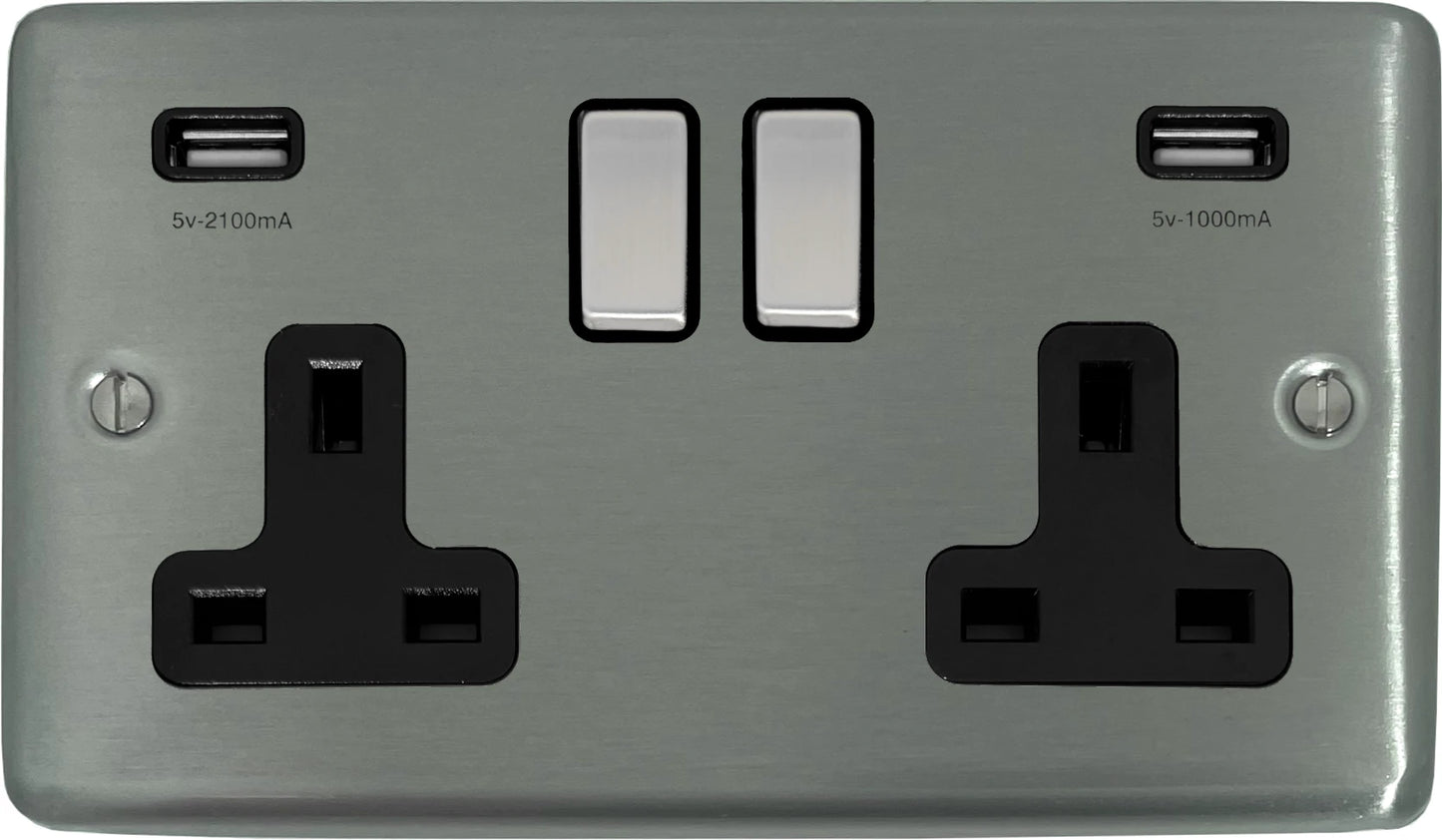 Contour Brushed Steel 2 Gang Socket + Usb