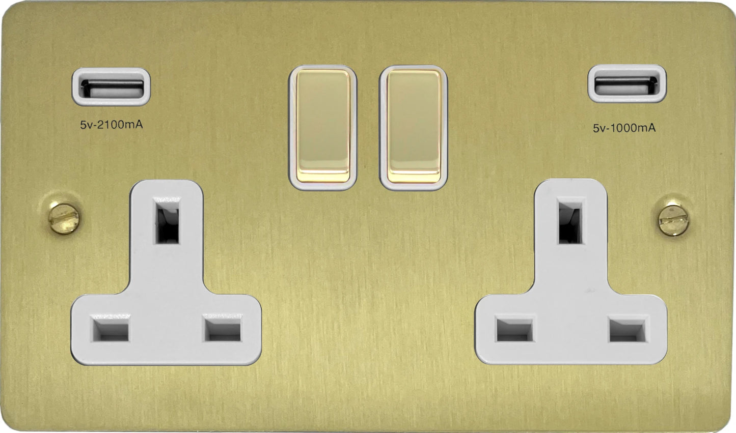 Flat Satin Brass 2 Gang Socket C/W Usb Ports