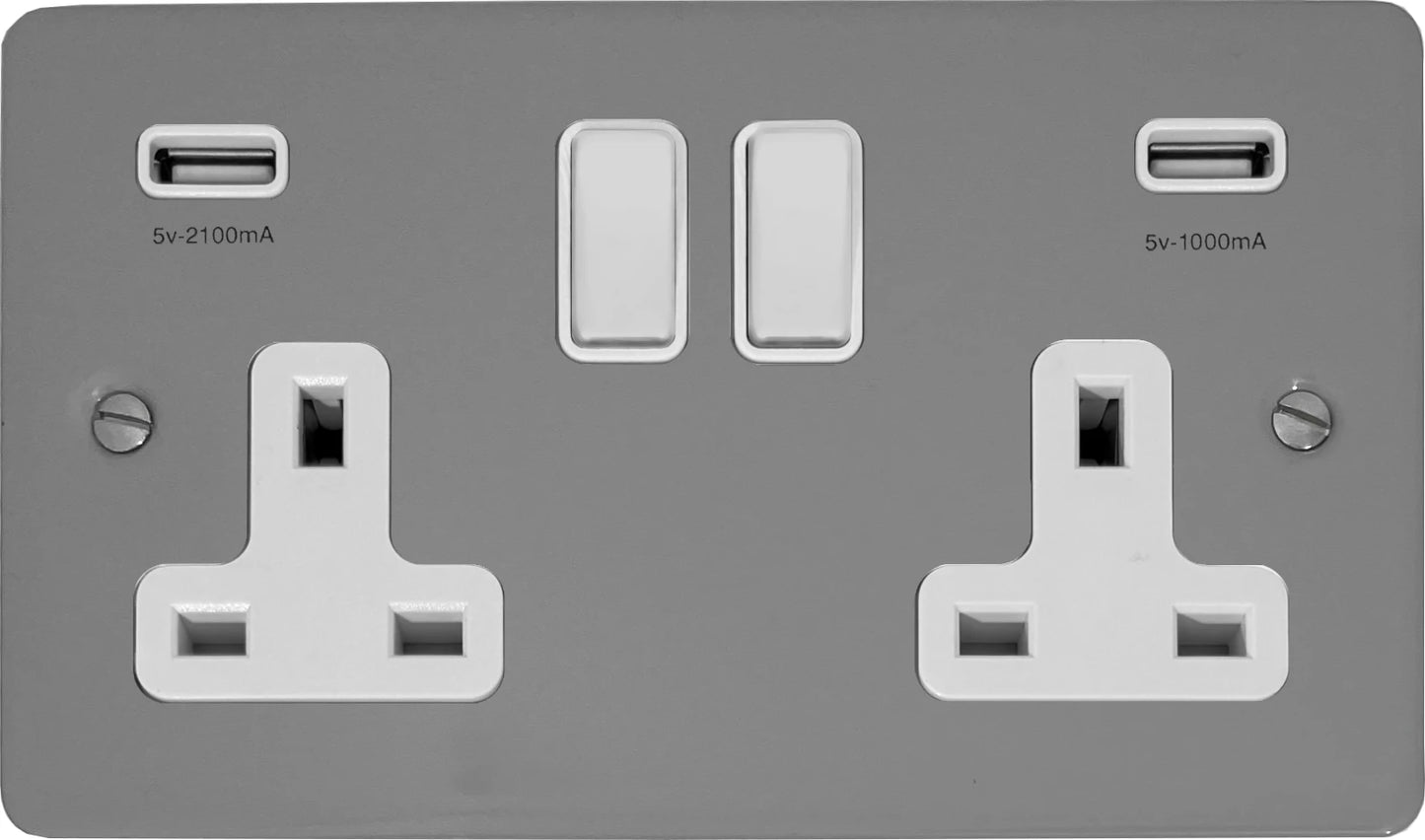 Flat Light Grey 2 Gang Socket C/W Usb Ports