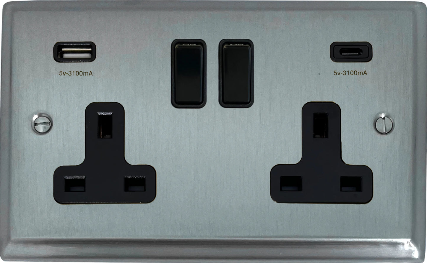 Deco Satin Chrome  2 Gang Socket with USBC