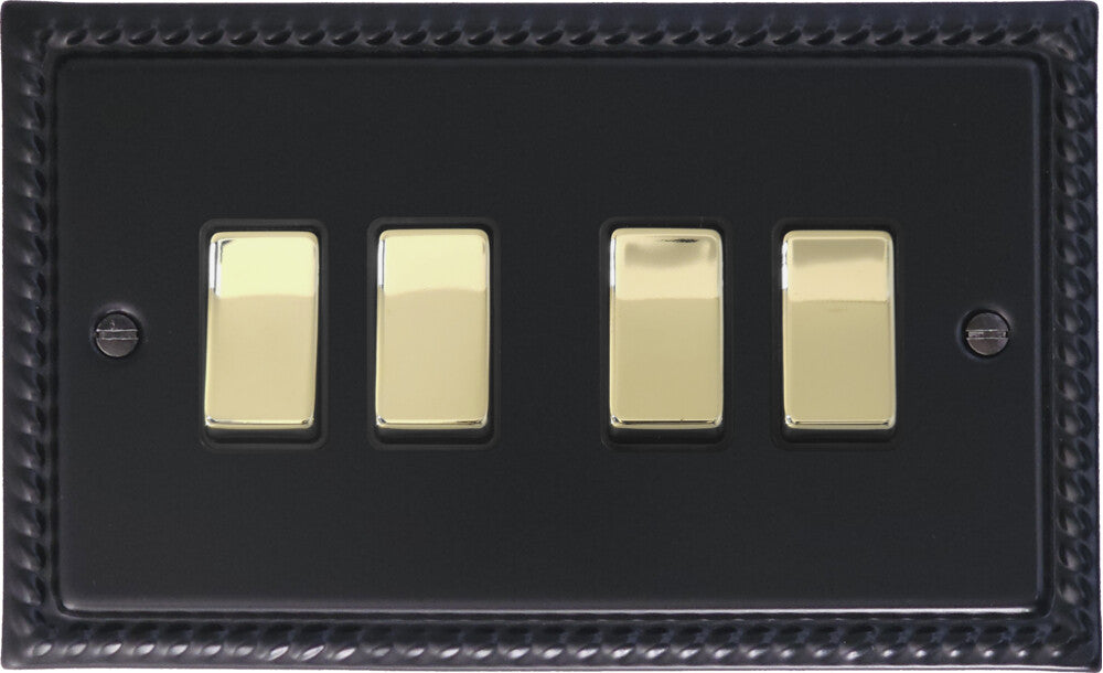 Georgian Flat Black 4 Gang Switch (Brass Switches)