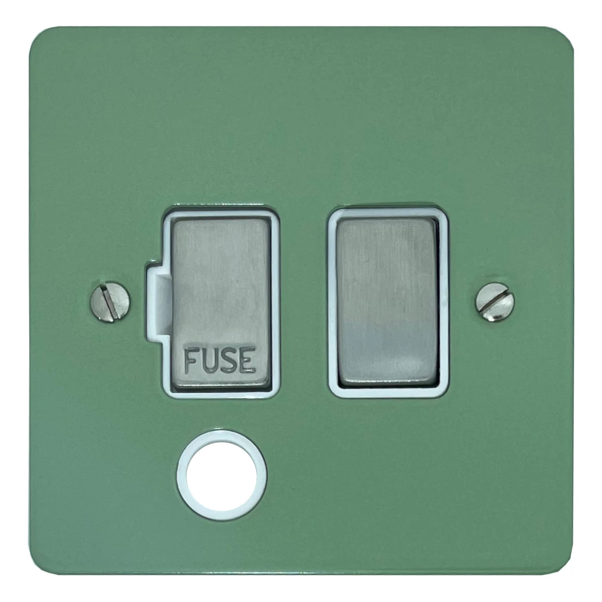 Flat Sage Green Switch Fuse Spur + Flex Outlet (Satin Chrome Switch/White Inserts)