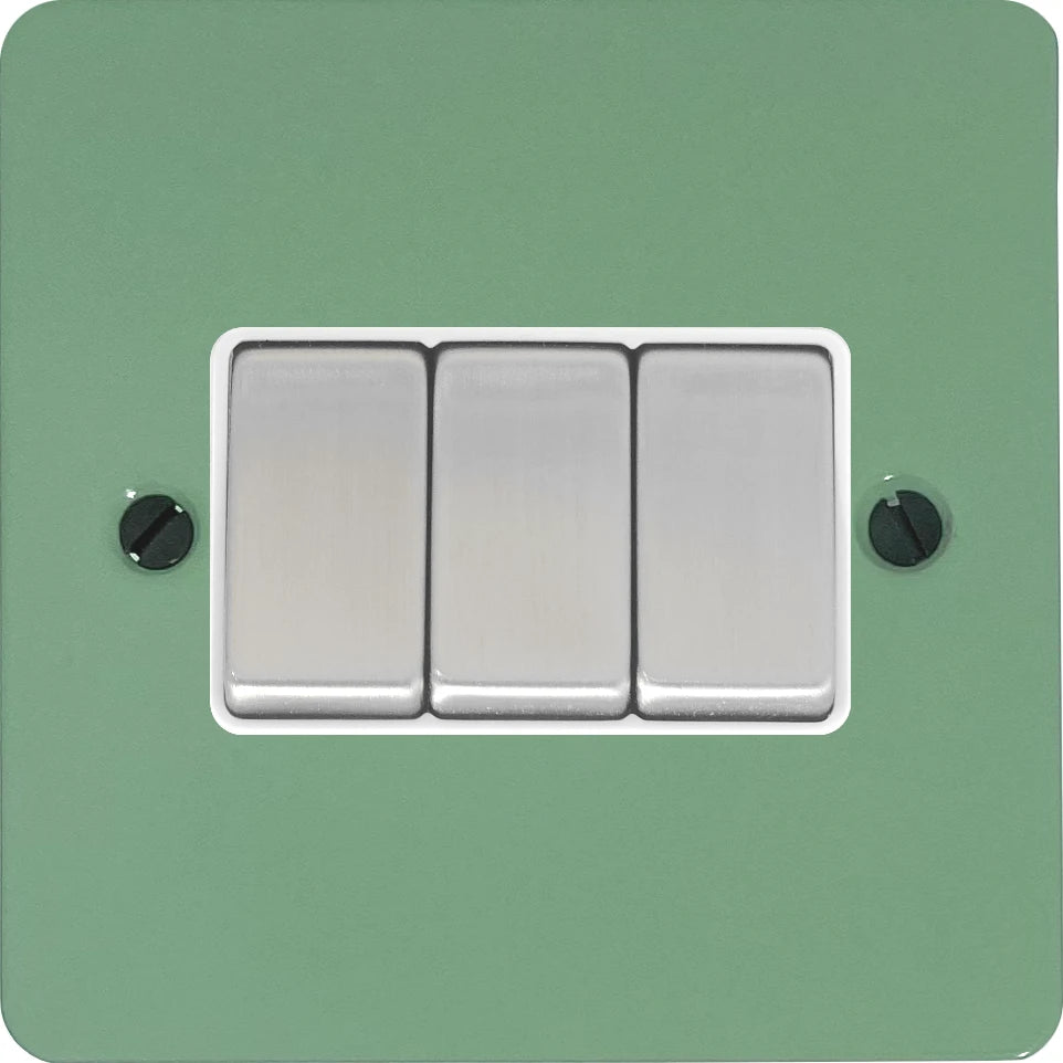 Flat Sage Green 3 Gang Switch (Satin Chrome Switches/White Inserts)
