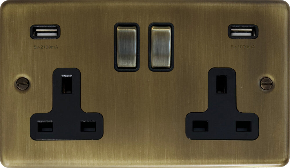 Contour Antique Brass 2 Gang Socket with USB (Brass Switches)