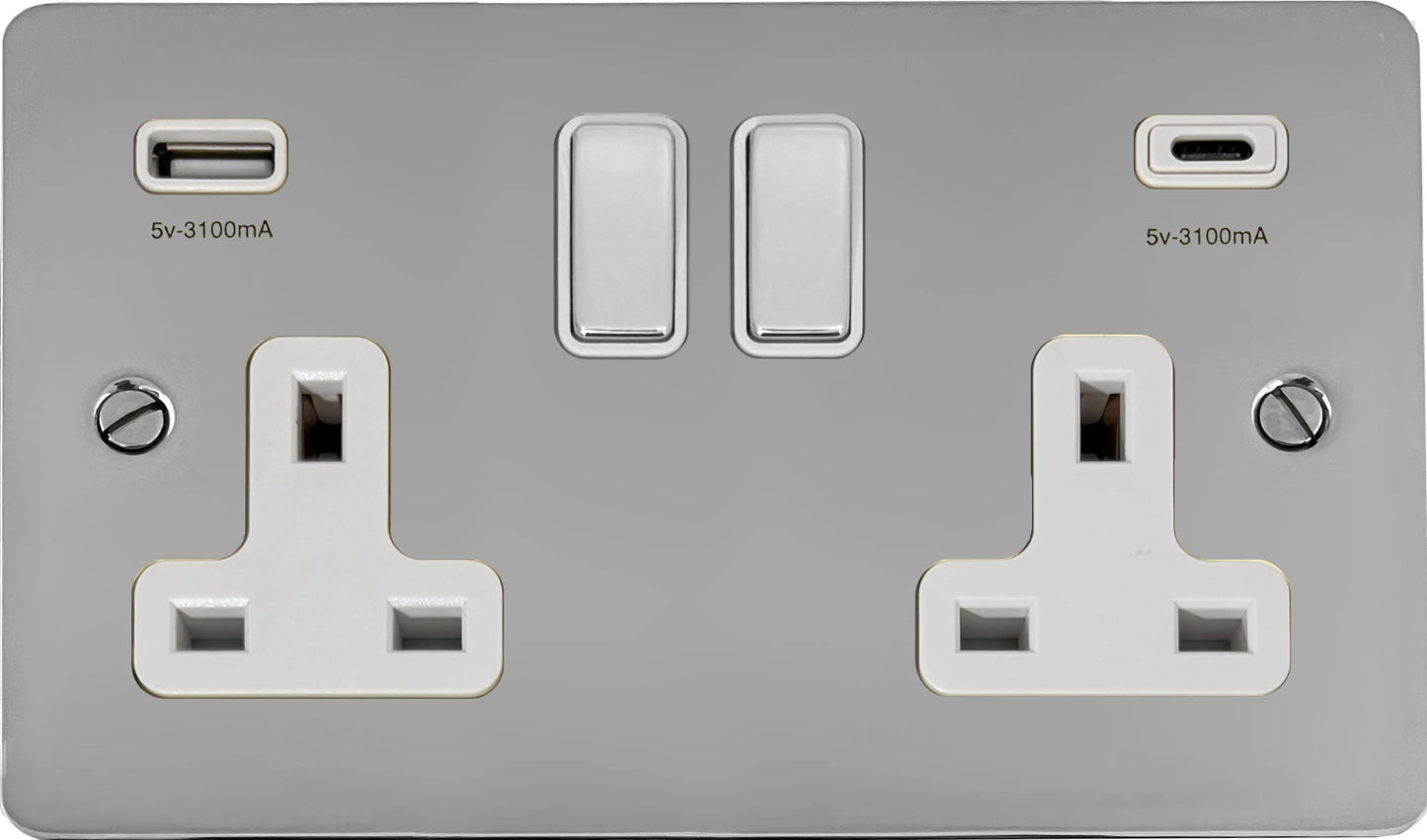 Flat Polished Chrome 2 Gang Socket C/W USBC Ports
