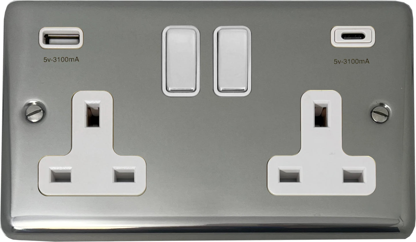 Contour Polished Steel 2 Gang Socket + USBC