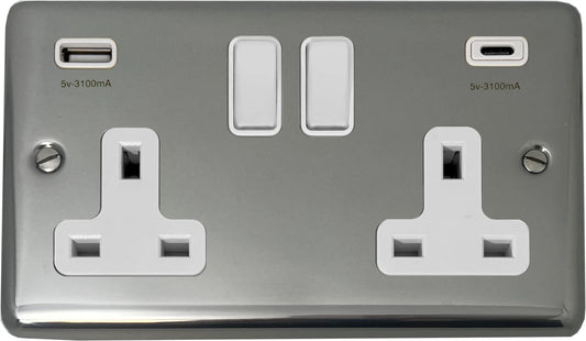 Contour Polished Steel 2 Gang Socket + USBC