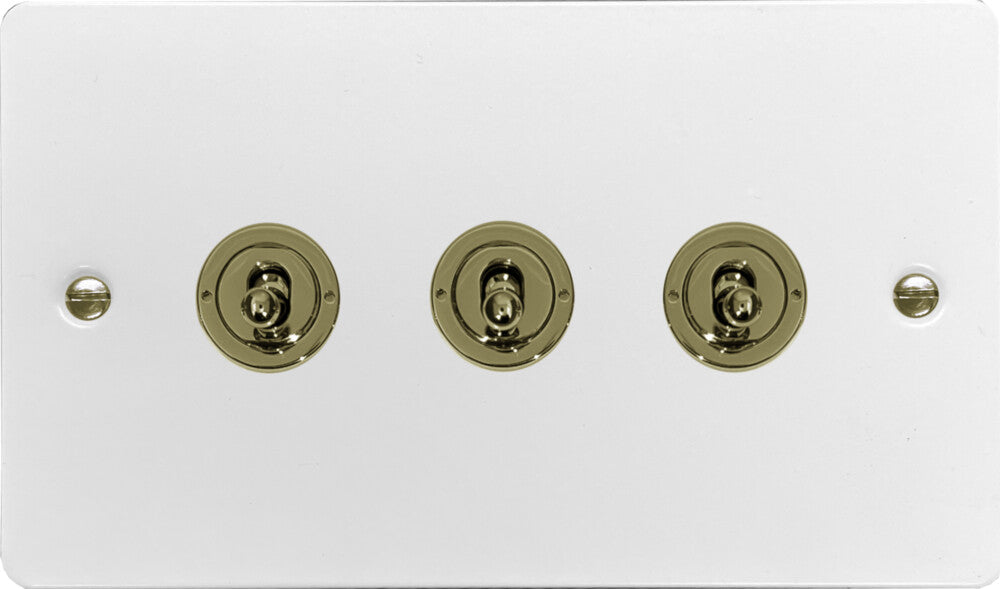 Flat White 3 Gang Toggle (Polished Brass Toggle)