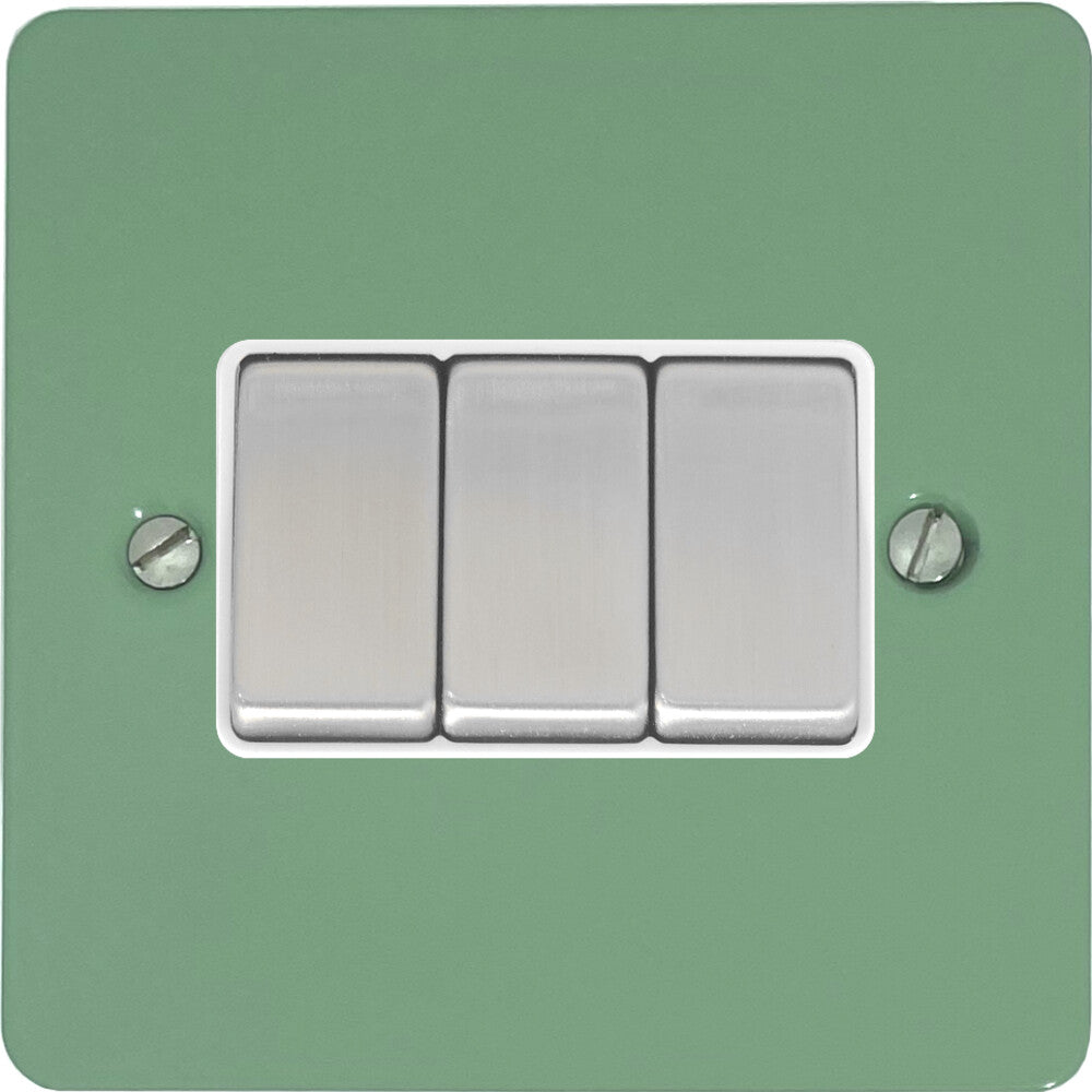 Flat Sage Green 3 Gang Switch (Satin Chrome Switches/White Inserts)