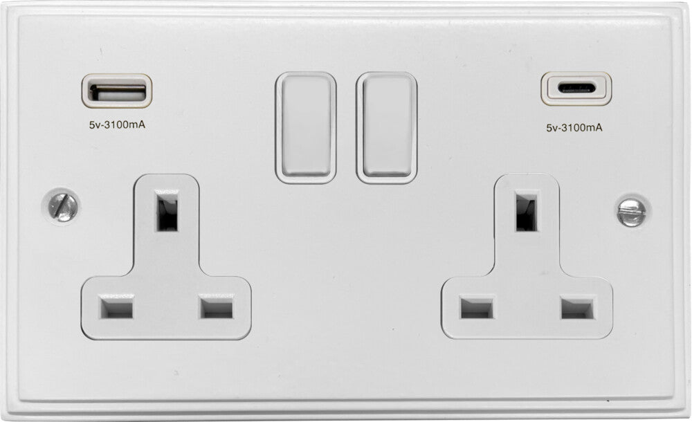Victorian Flat White 2 Gang Socket with USBC
