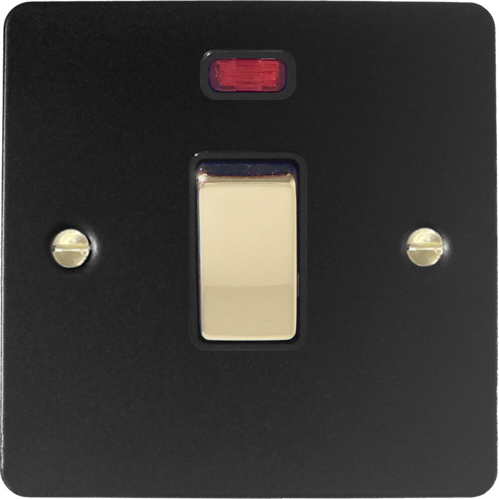 Flat Black 20 Amp DP Switch with Neon (Brass Switch)