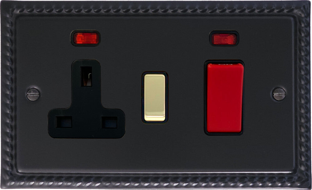 Georgian Flat Black Cooker Socket (Brass Switch)
