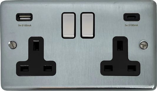 Contour Satin Chrome 2 Gang Socket C/W USBC Ports