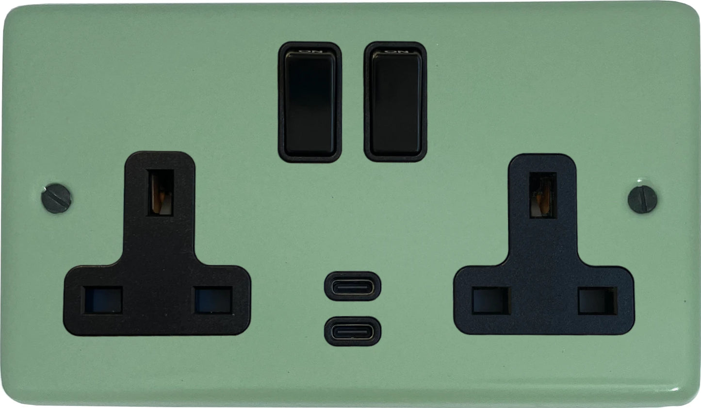 Classic Sage Green 2 Gang Socket with USBC (Black Switches)