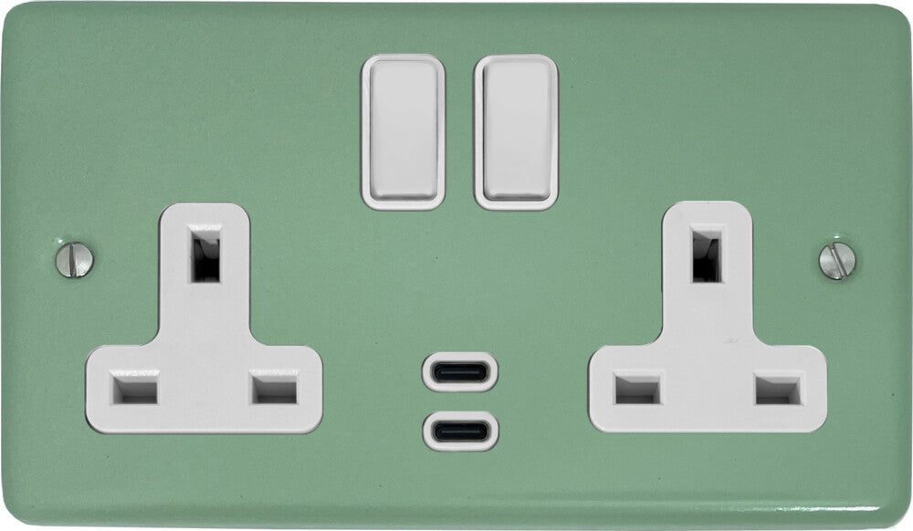Classic Sage Green 2 Gang Socket with USBC (White Switches)