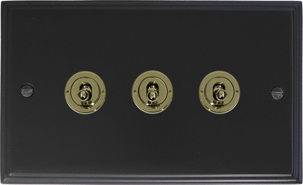 Victorian Flat Black 3 Gang Toggle (Polished Brass Toggle)